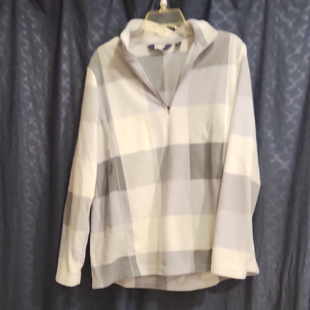 Lands' End Women's Gray and Cream Plaid Hoodie